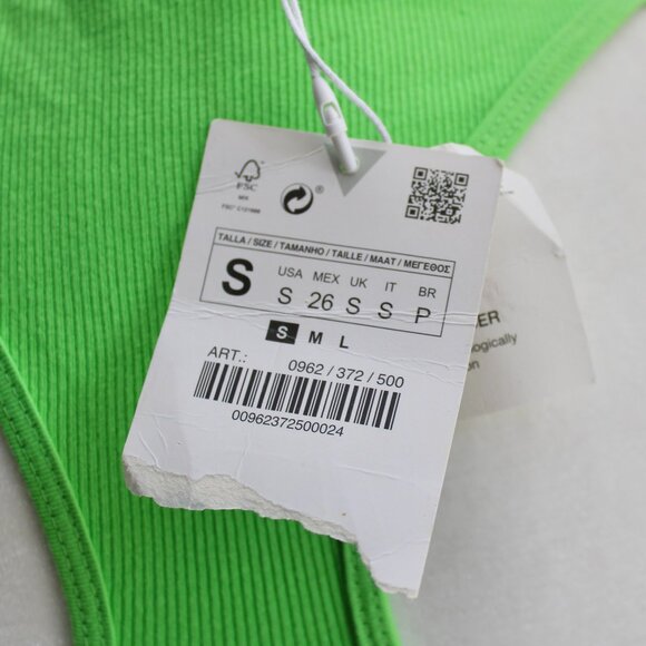 Zara Bright Neon Green Deep V-Neck Racerback Cropped Tank Top Size Small NWT - Picture 3 of 5